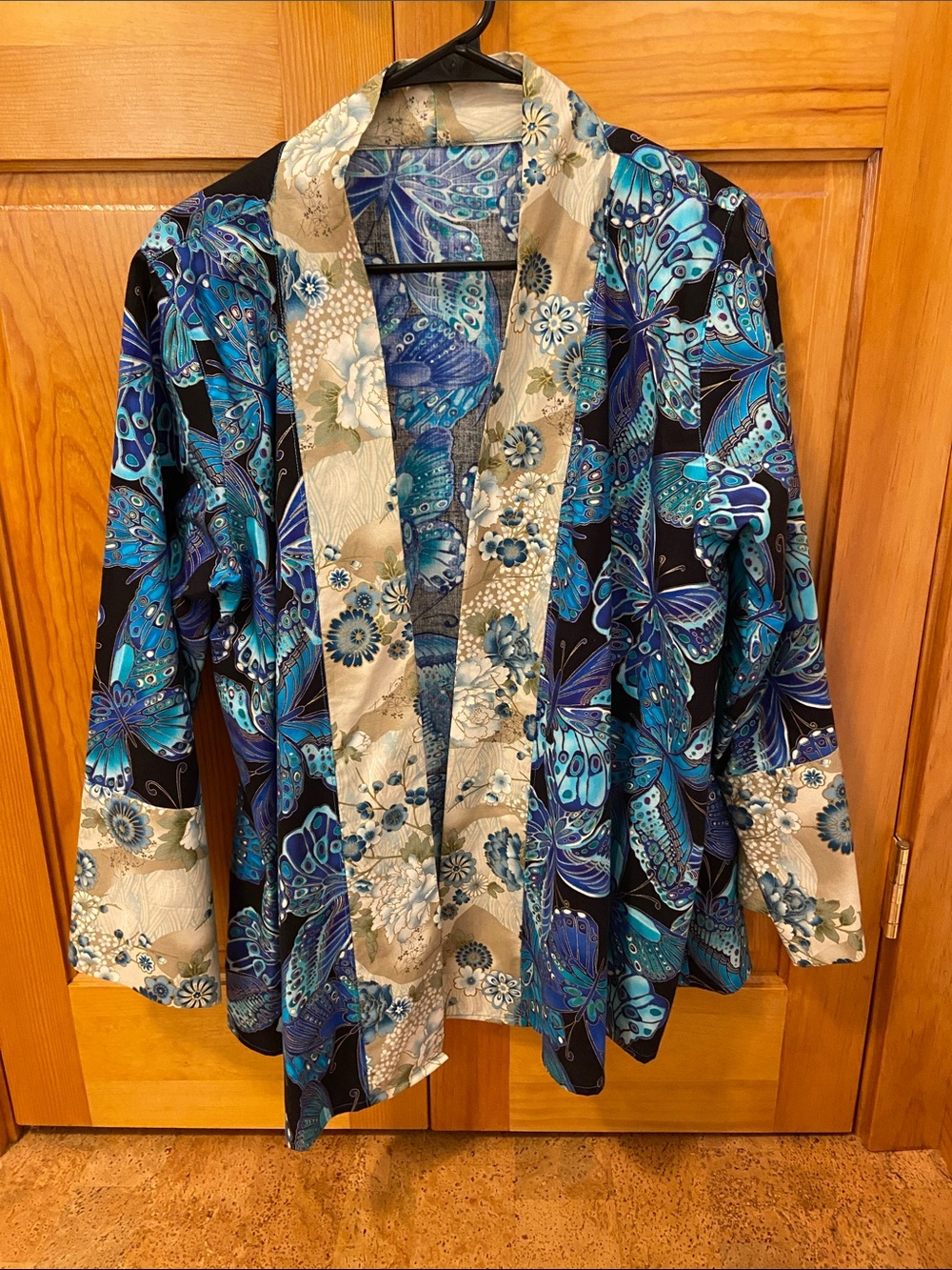 Blue Butterfly Print Open-Front Women's Jacket